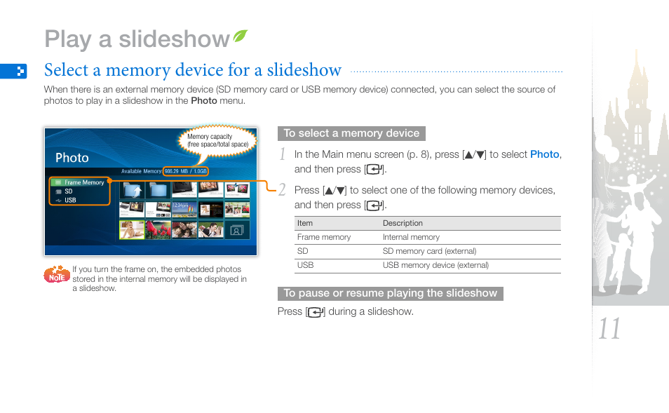 Play a slideshow, Select a memory device for a slideshow | Samsung SPF-87H User Manual | Page 11 / 38