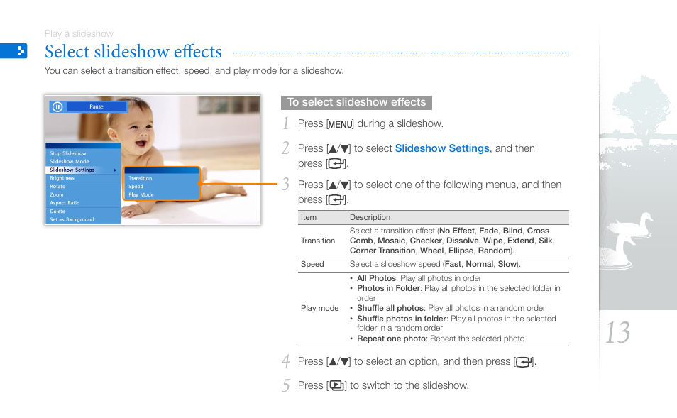 Select slideshow effects | Samsung SPF-87H User Manual | Page 13 / 38