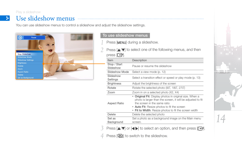 Use slideshow menus | Samsung SPF-87H User Manual | Page 14 / 38