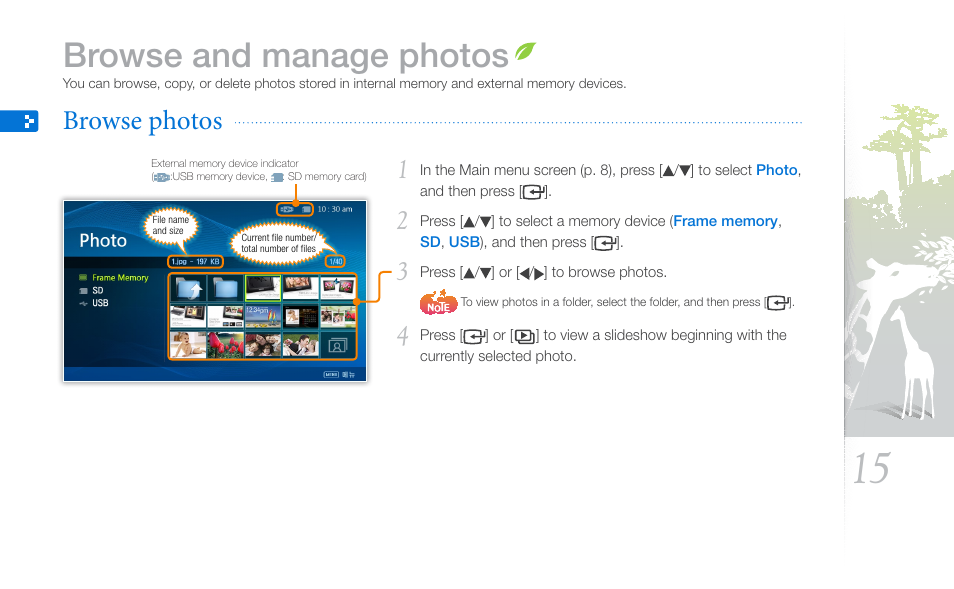 Browse and manage photos, Browse photos | Samsung SPF-87H User Manual | Page 15 / 38