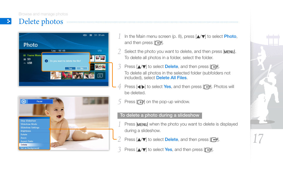 Delete photos | Samsung SPF-87H User Manual | Page 17 / 38
