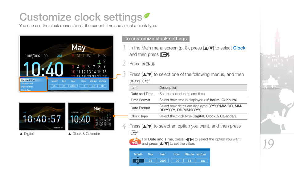 Customize clock settings | Samsung SPF-87H User Manual | Page 19 / 38