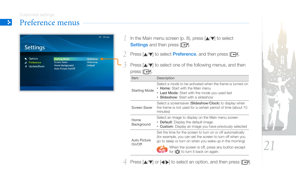 Preference menus | Samsung SPF-87H User Manual | Page 21 / 38