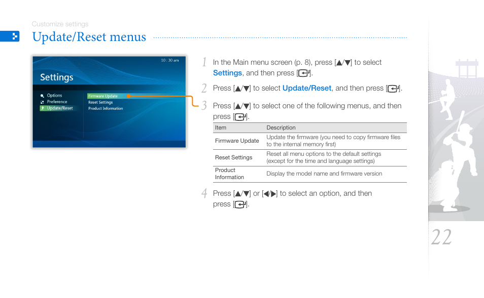 Update/reset menus | Samsung SPF-87H User Manual | Page 22 / 38