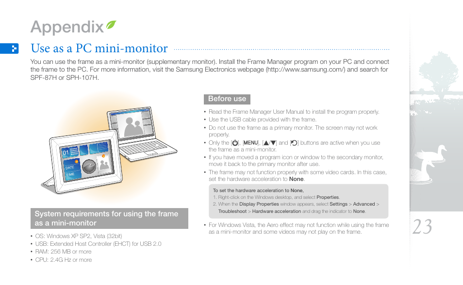 Appendix, Use as a pc mini-monitor, P. 23 | Samsung SPF-87H User Manual | Page 23 / 38