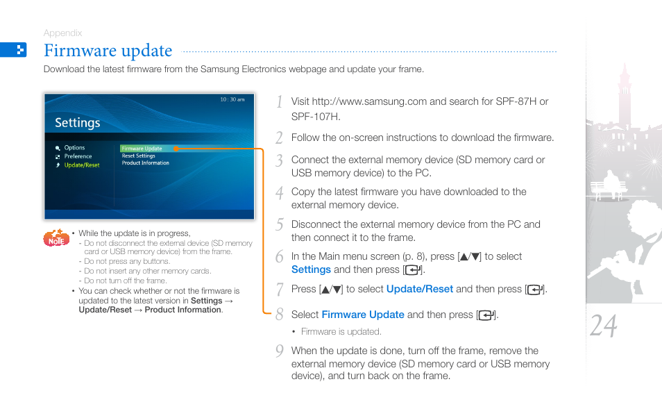 Firmware update | Samsung SPF-87H User Manual | Page 24 / 38