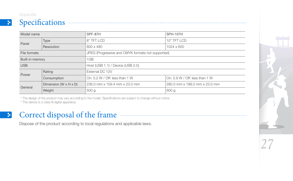 Specifications, Correct disposal of the frame, Specifications correct disposal of the frame | Samsung SPF-87H User Manual | Page 27 / 38