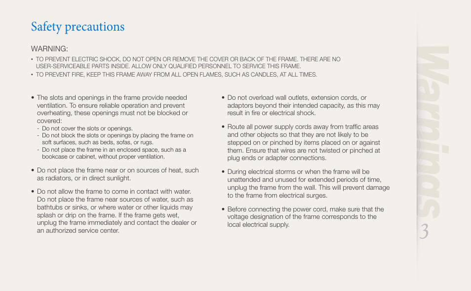 Safety precautions | Samsung SPF-87H User Manual | Page 3 / 38