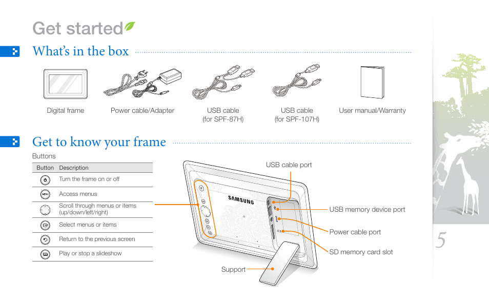 Get started, What’s in the box, Get to know your frame | What’s in the box get to know your frame | Samsung SPF-87H User Manual | Page 5 / 38