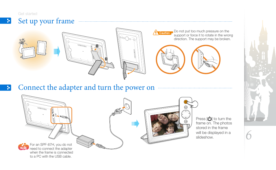 Set up your frame, Connect the adapter and turn the power on, Set up your frame connect the adapter and turn | The power on | Samsung SPF-87H User Manual | Page 6 / 38