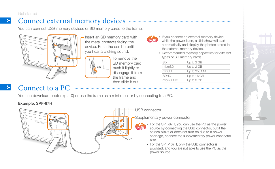 Connect external memory devices, Connect to a pc, Connect external memory devices connect to a pc | Samsung SPF-87H User Manual | Page 7 / 38