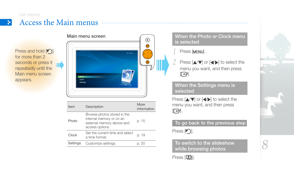 Access the main menus | Samsung SPF-87H User Manual | Page 8 / 38