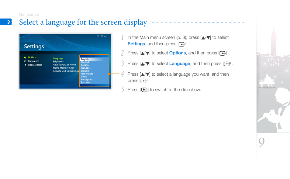 Select a language for the screen display | Samsung SPF-87H User Manual | Page 9 / 38