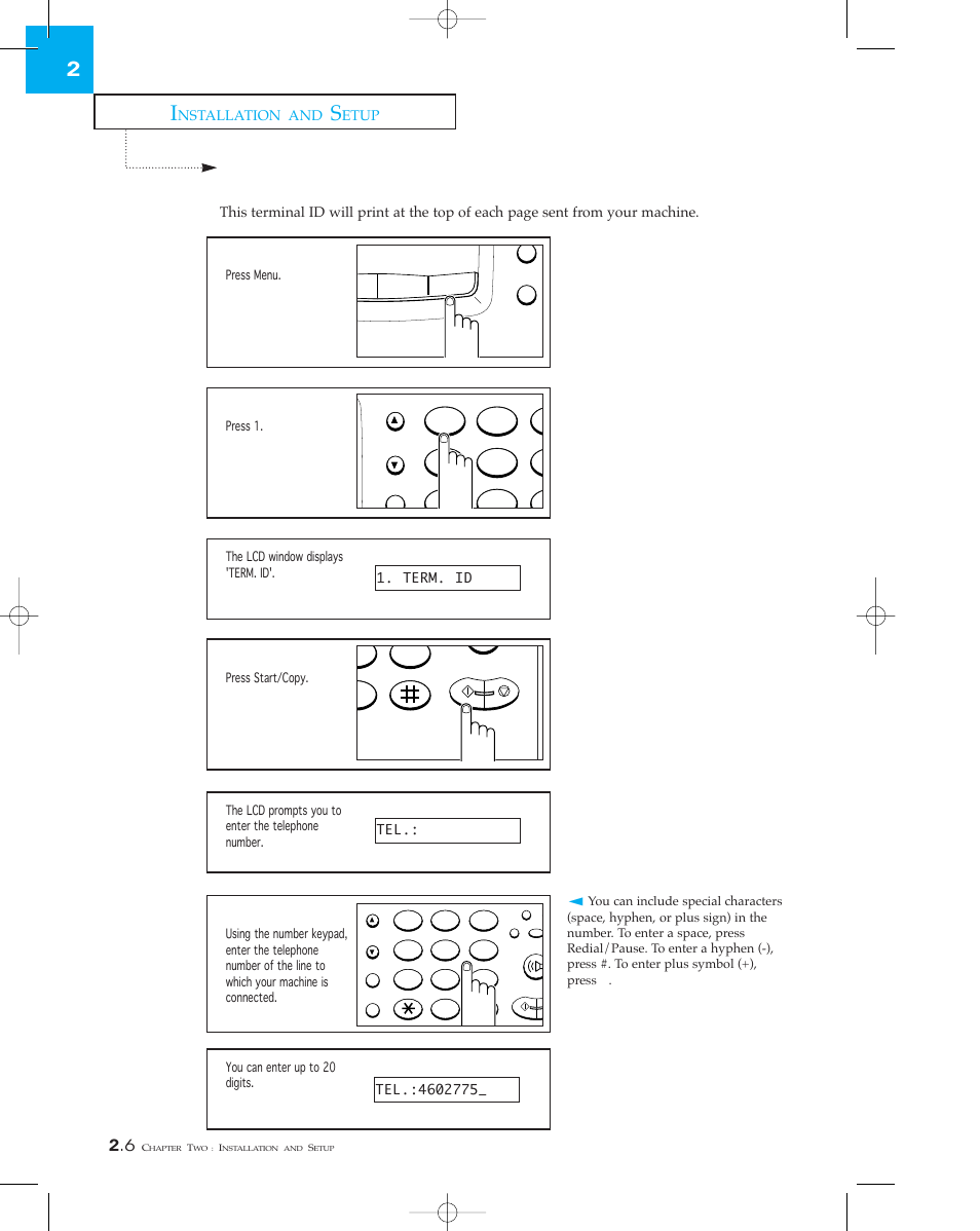 Setting the terminal id, Your name and number) | Samsung sf 150 User Manual | Page 21 / 58