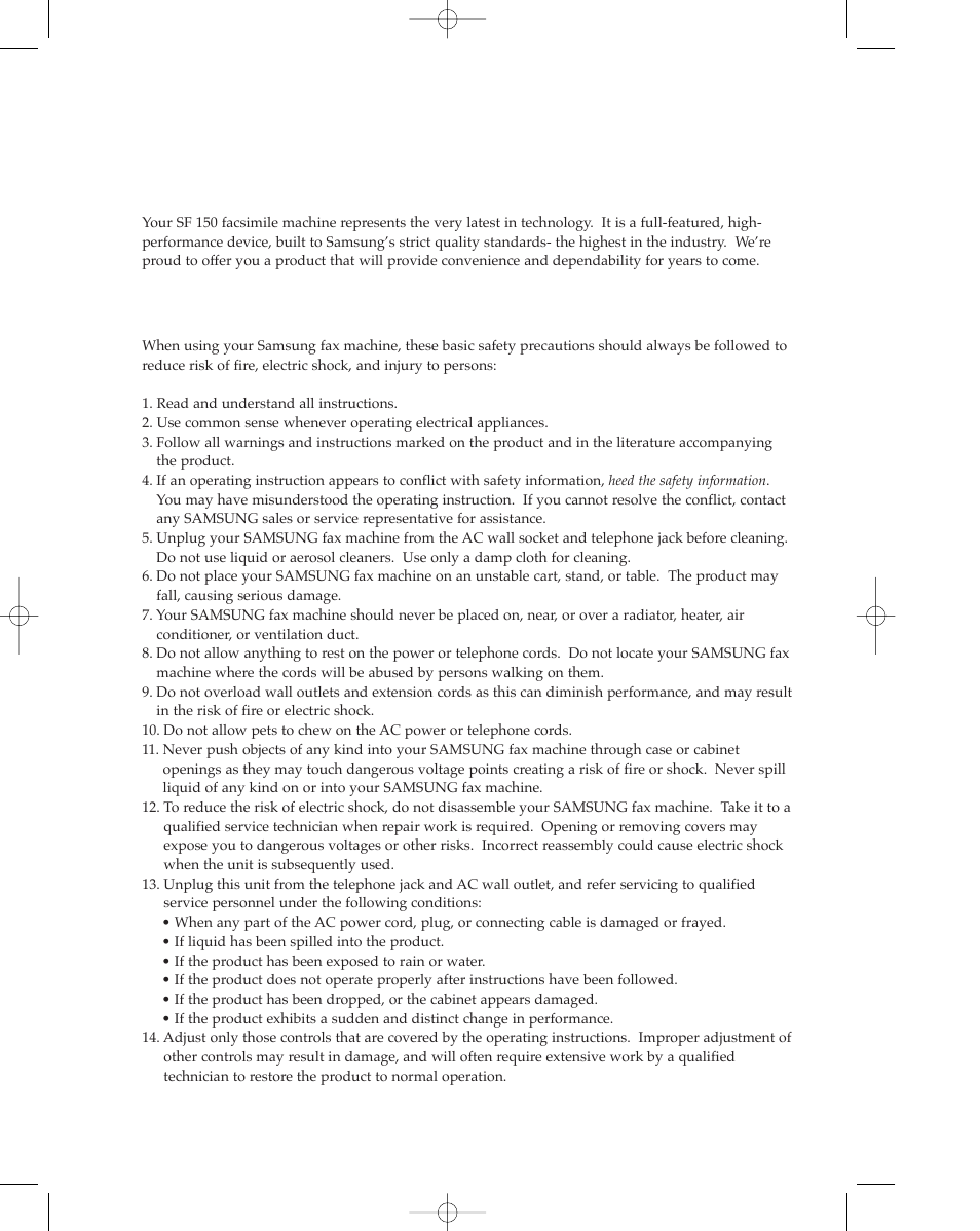 Important precautions and safety information | Samsung sf 150 User Manual | Page 3 / 58