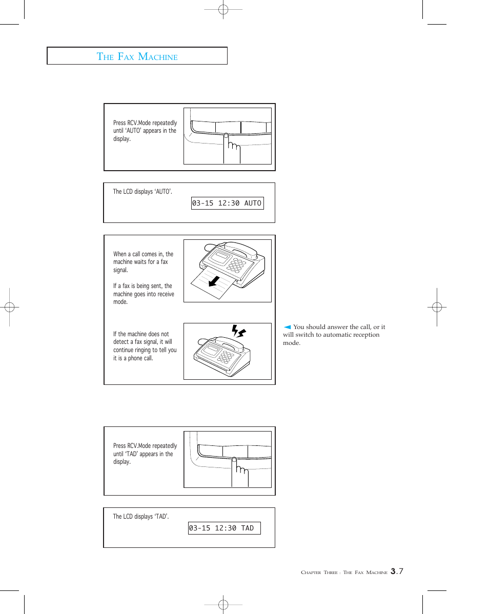 Receiving in auto mode, Receiving in tad mode | Samsung sf 150 User Manual | Page 30 / 58