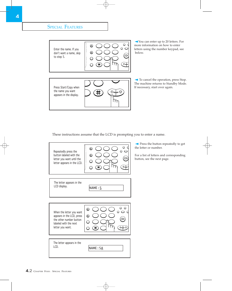 Using the keypad to enter name, Pecial, Eatures | Name:s name:sa | Samsung sf 150 User Manual | Page 37 / 58