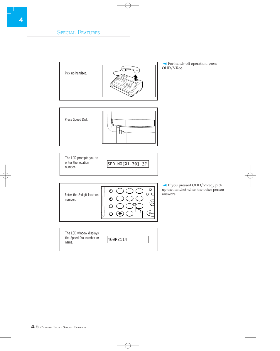 Dialing speed dial number, Pecial, Eatures | Samsung sf 150 User Manual | Page 41 / 58
