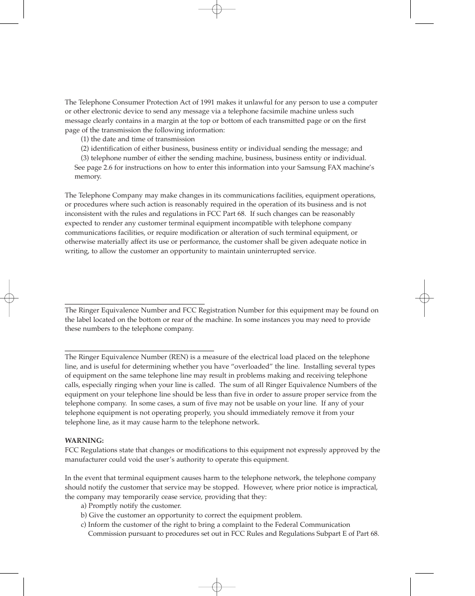 Fax branding, Telephone company information | Samsung sf 150 User Manual | Page 5 / 58