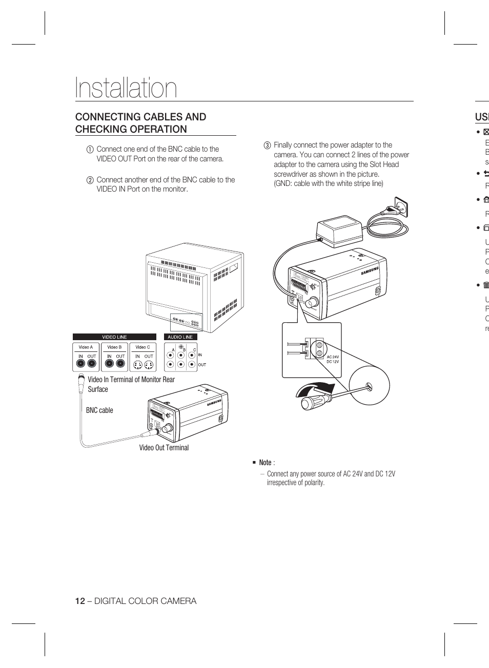 Installation, Connecting cables and checking operation, 12 – digital color camera | Samsung SCC-B2035P User Manual | Page 12 / 32