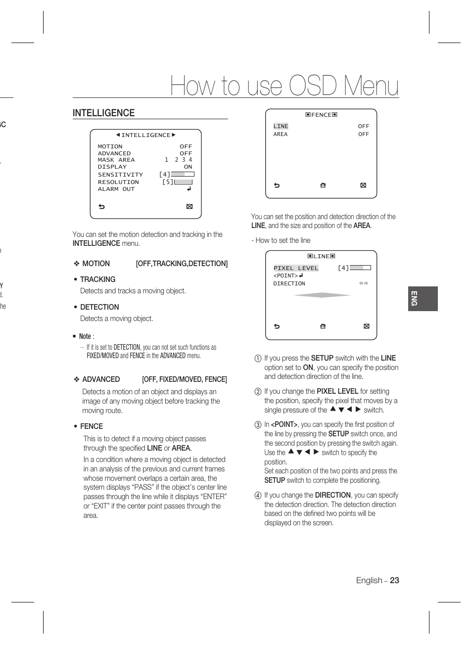 How to use osd menu, Intelligence | Samsung SCC-B2035P User Manual | Page 23 / 32