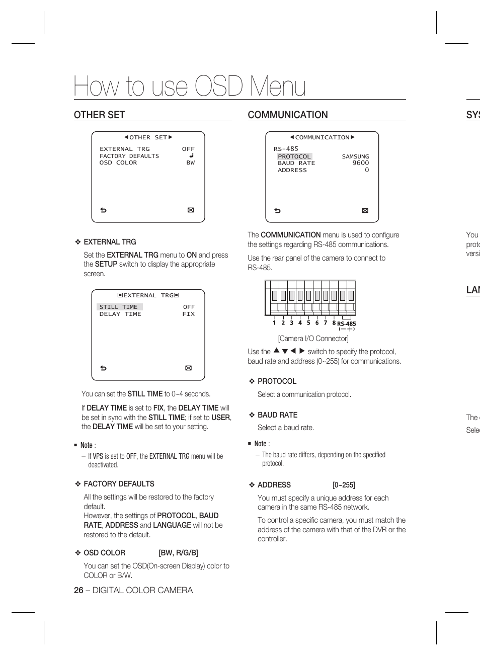 How to use osd menu, Other set, Communication | Samsung SCC-B2035P User Manual | Page 26 / 32