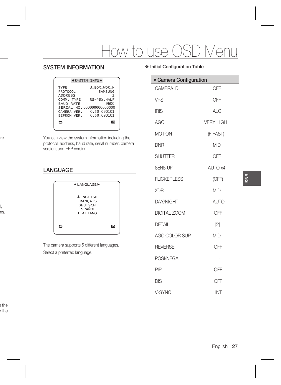 How to use osd menu, System information, Language | Samsung SCC-B2035P User Manual | Page 27 / 32