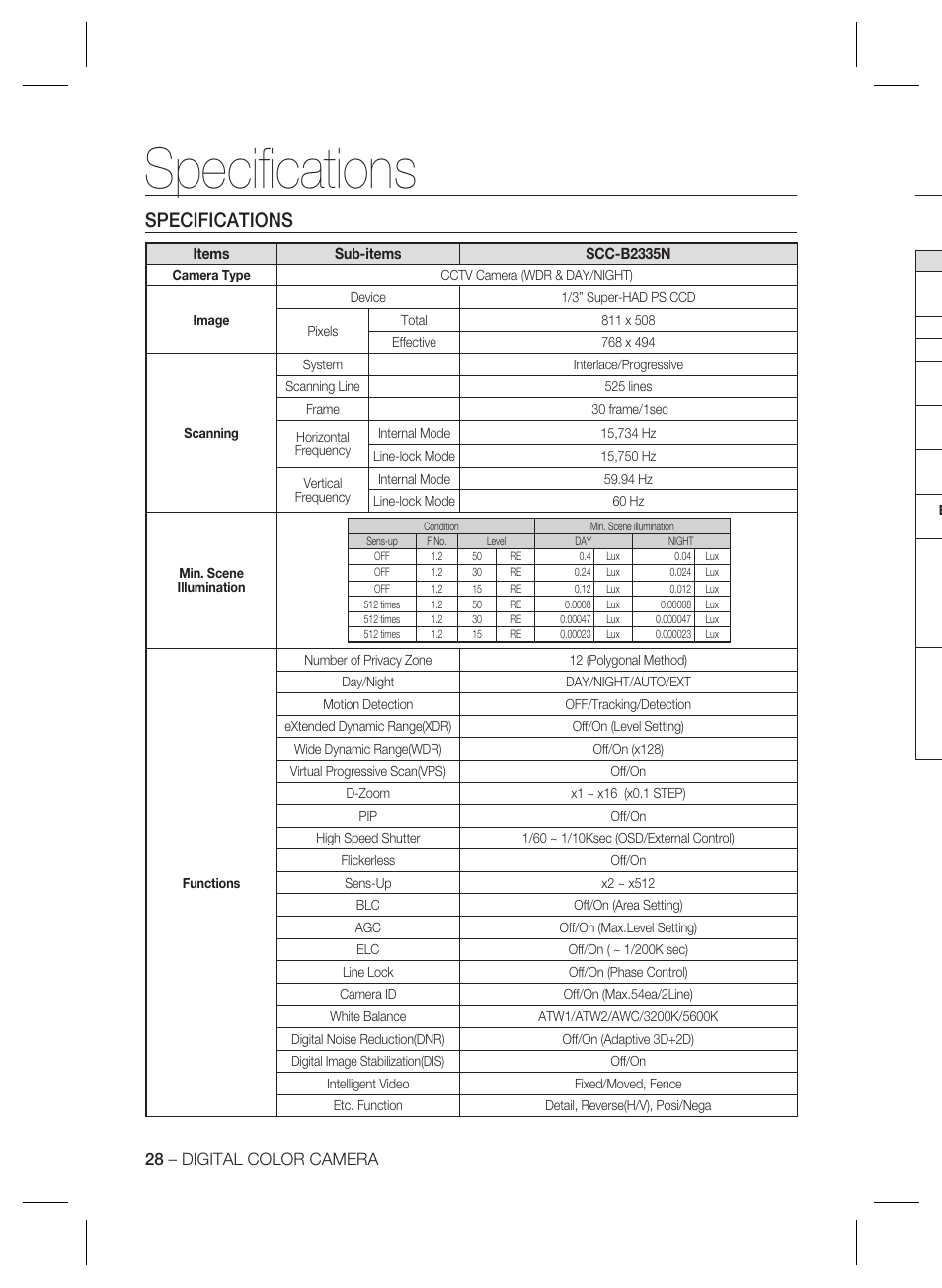 Speciﬁ cations, Specifications | Samsung SCC-B2035P User Manual | Page 28 / 32