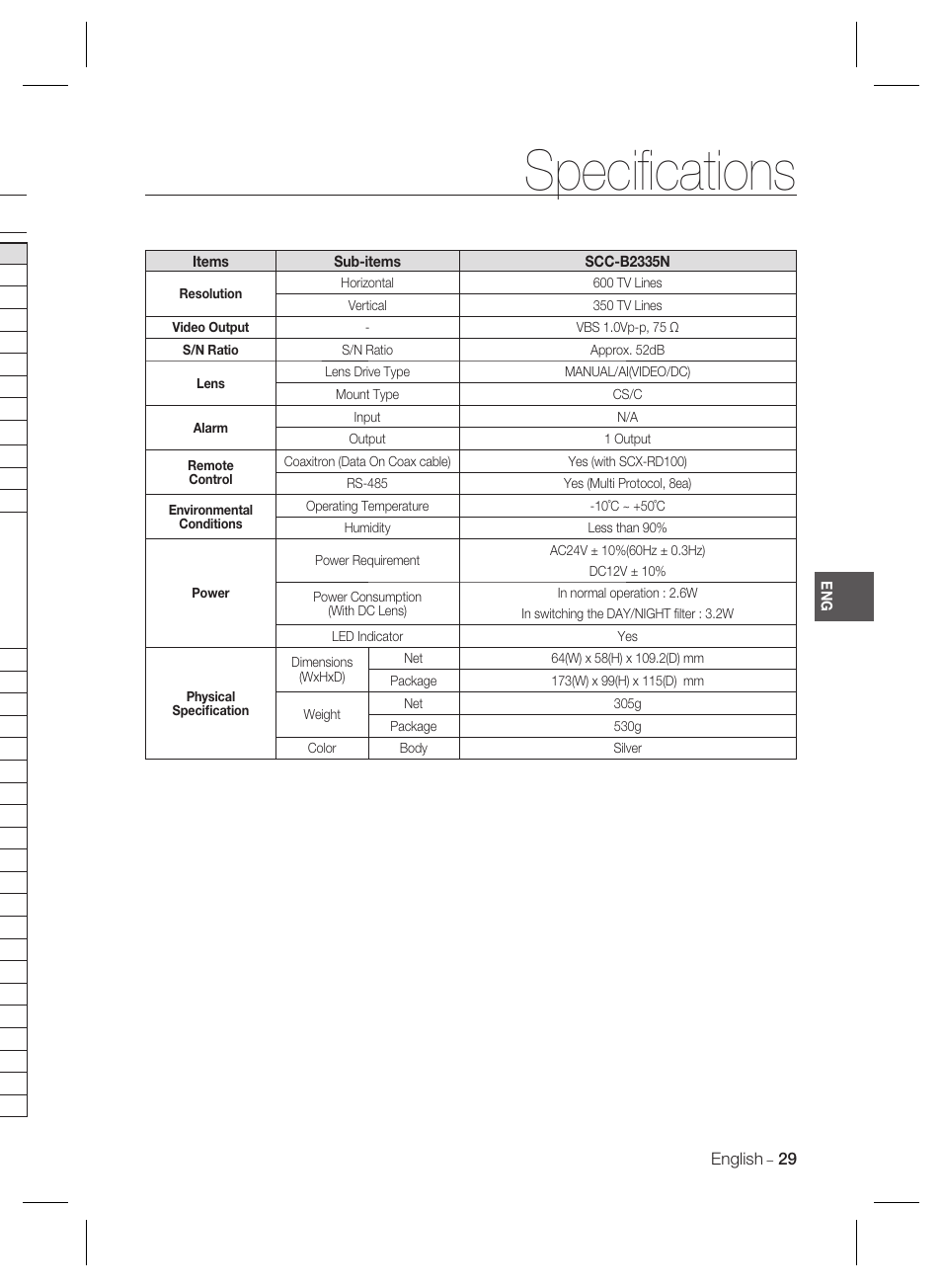 Speciﬁ cations | Samsung SCC-B2035P User Manual | Page 29 / 32