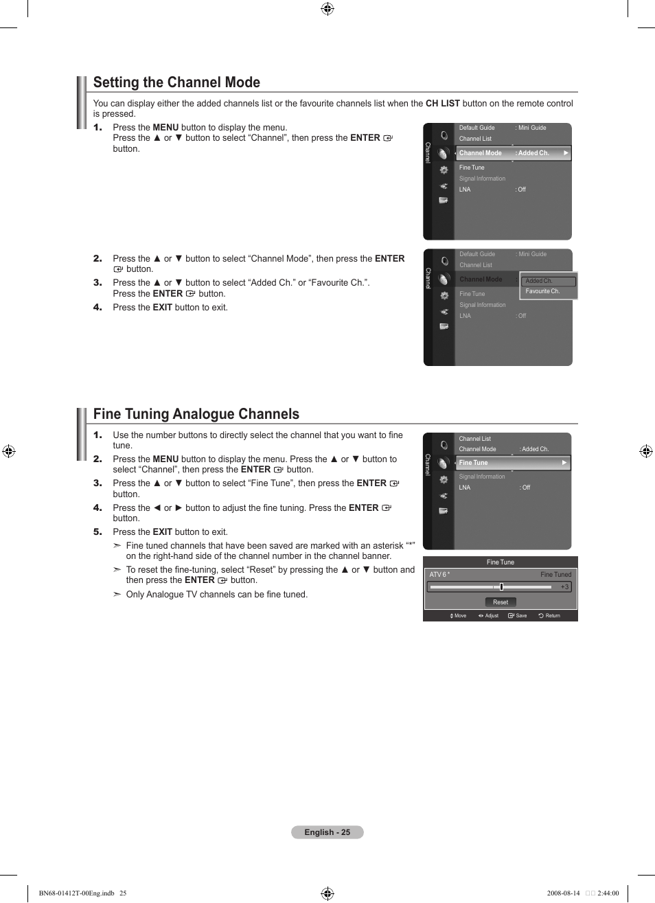 Setting the channel mode, Fine tuning analogue channels | Samsung BN68-01412T-00 User Manual | Page 27 / 81