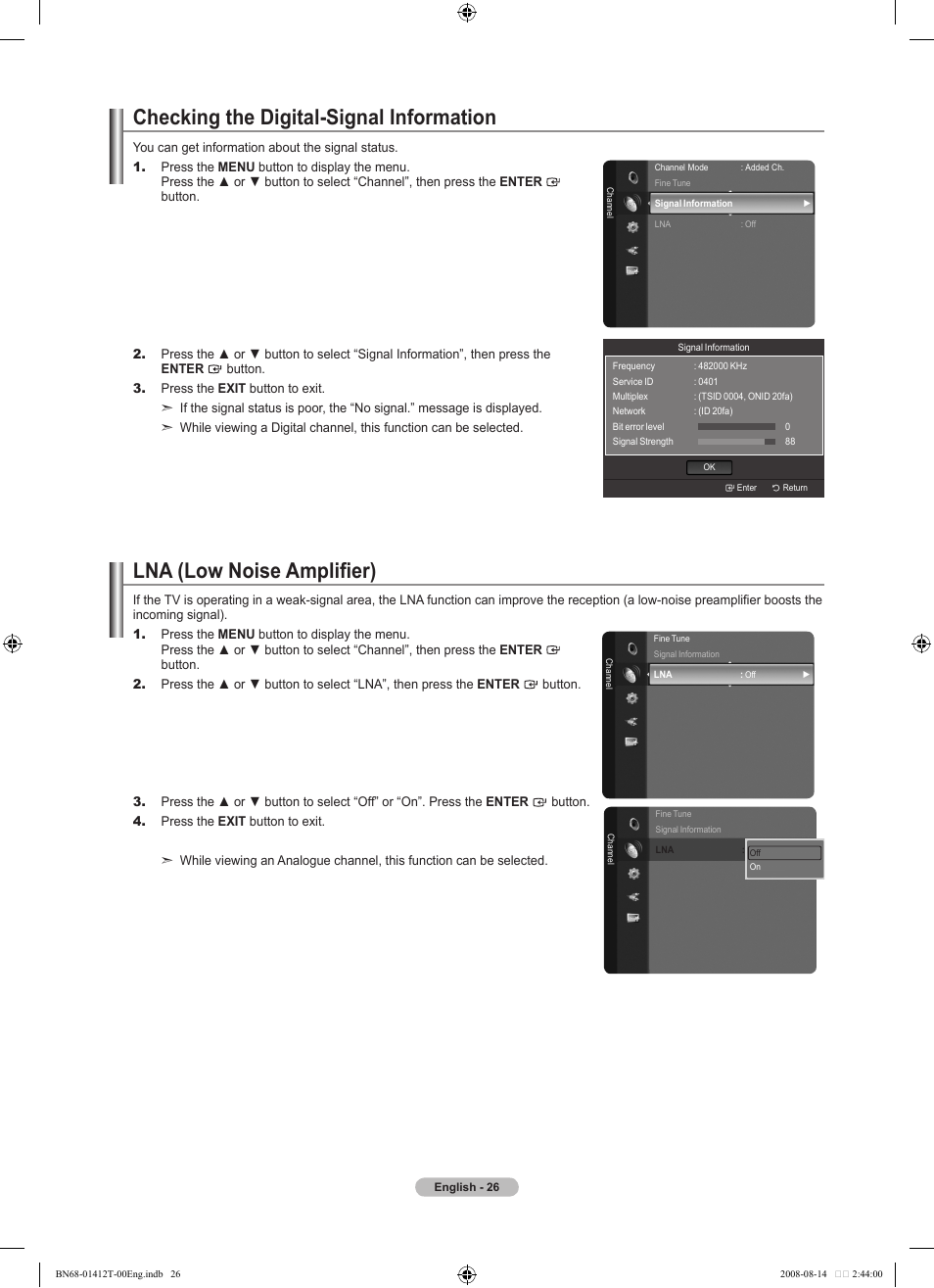 Checking the digital-signal information, Lna (low noise amplifier) | Samsung BN68-01412T-00 User Manual | Page 28 / 81