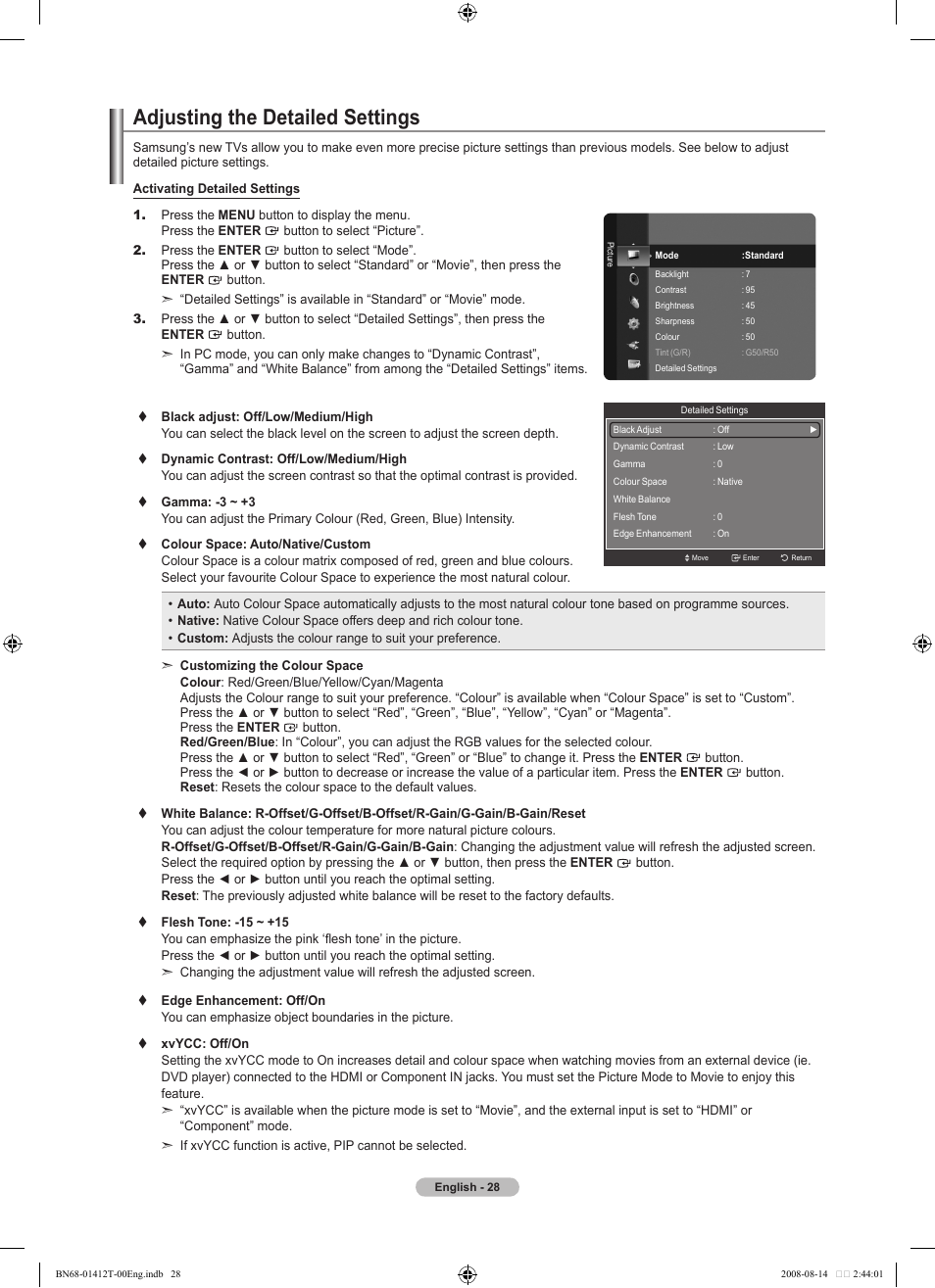 Adjusting the detailed settings | Samsung BN68-01412T-00 User Manual | Page 30 / 81