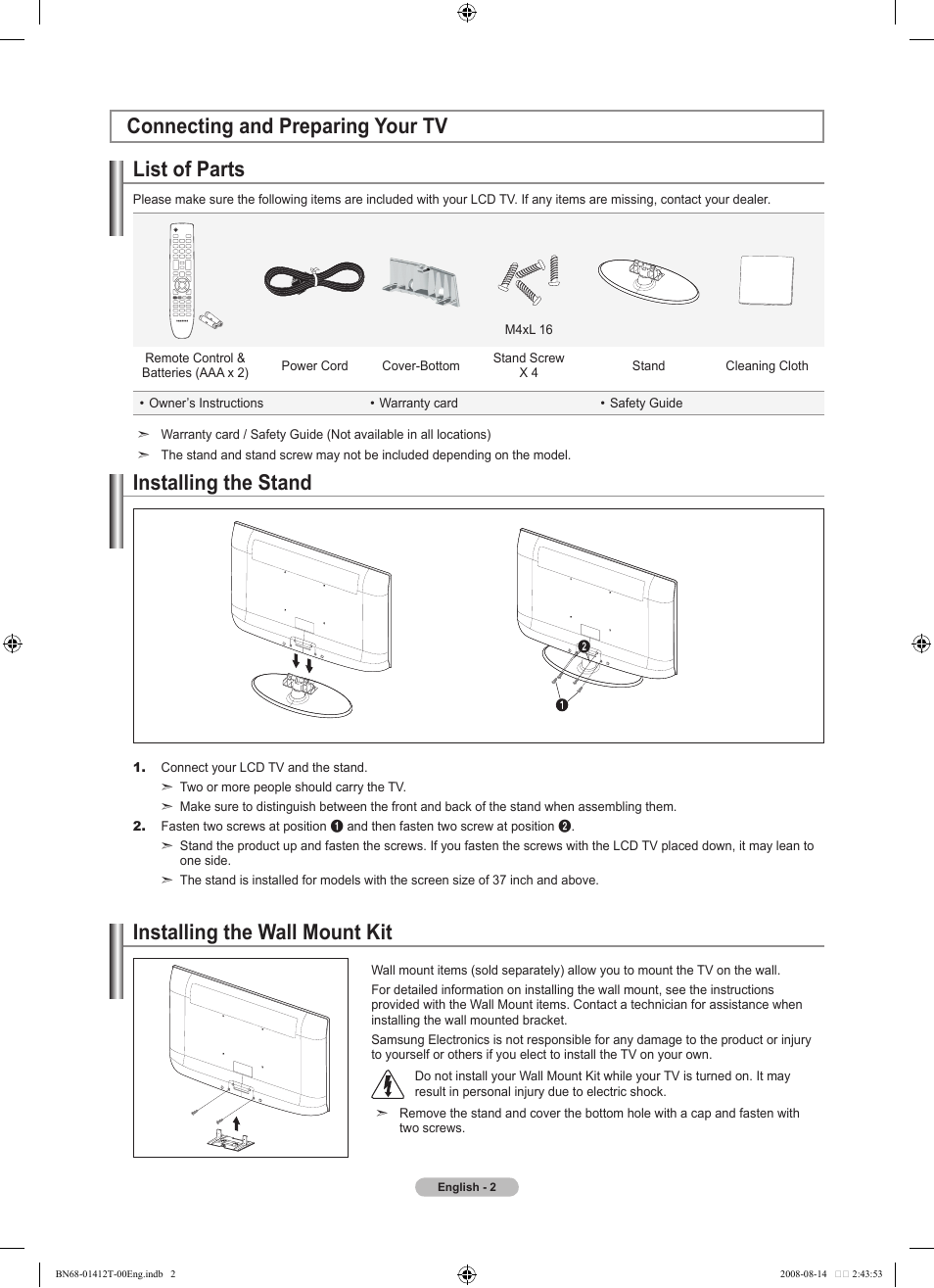 Connecting and preparing your tv, List of parts, Installing the stand | Installing the wall mount kit | Samsung BN68-01412T-00 User Manual | Page 4 / 81