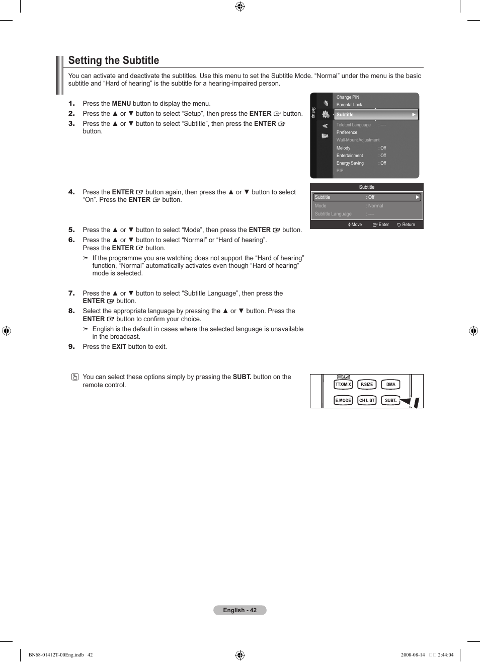 Setting the subtitle | Samsung BN68-01412T-00 User Manual | Page 44 / 81