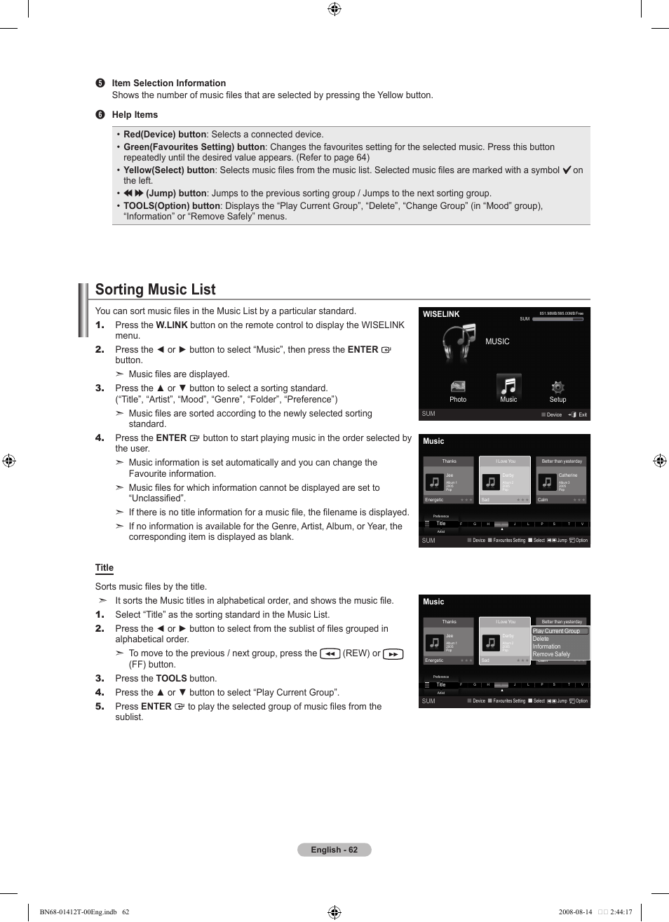 Sorting music list | Samsung BN68-01412T-00 User Manual | Page 64 / 81