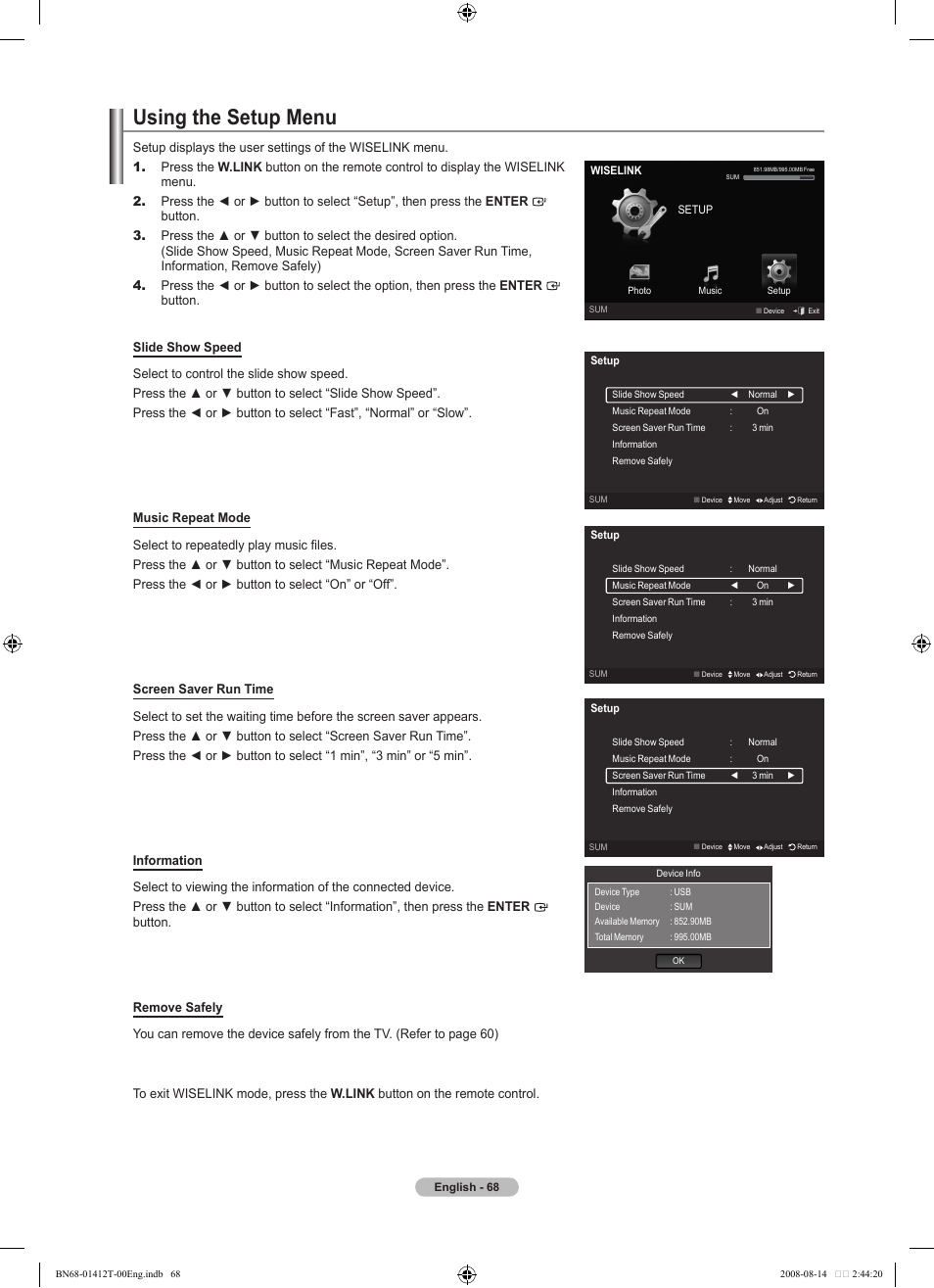 Using the setup menu | Samsung BN68-01412T-00 User Manual | Page 70 / 81