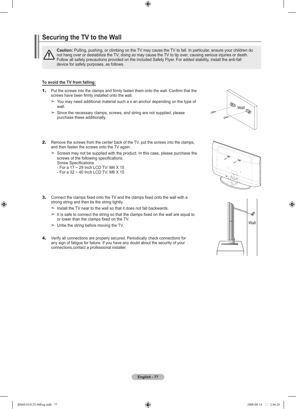 Securing the tv to the wall, 경고 주의 경고 주의 | Samsung BN68-01412T-00 User Manual | Page 79 / 81