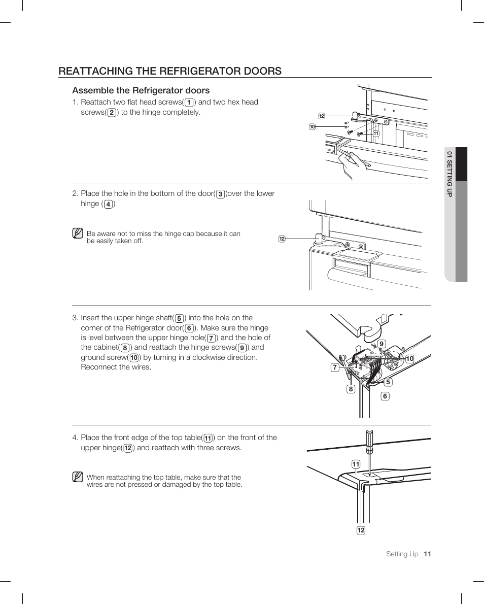 Reattaching the refrigerator doors, Assemble the refrigerator doors | Samsung RF265 User Manual | Page 11 / 76