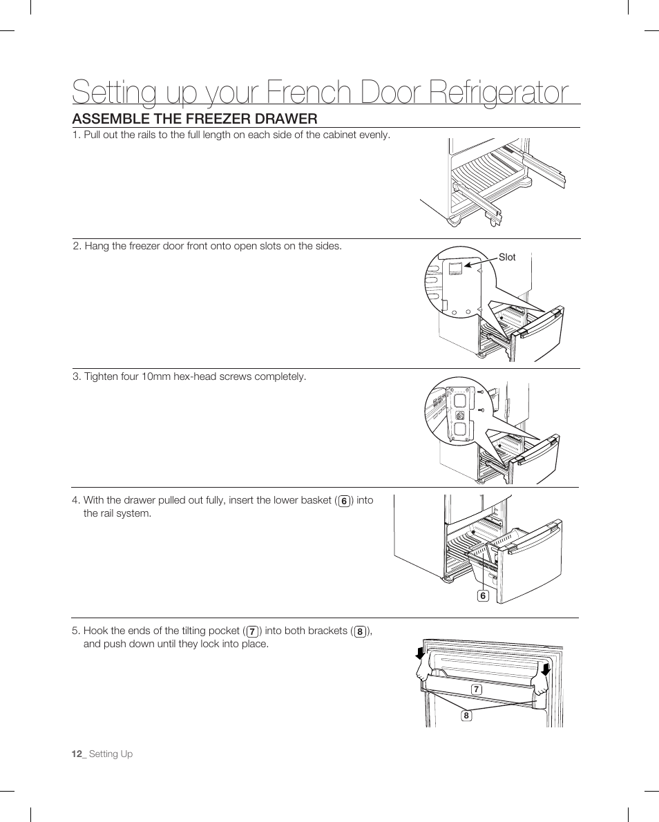 Setting up your french door refrigerator, Assemble the freezer drawer | Samsung RF265 User Manual | Page 12 / 76