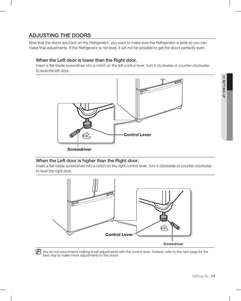 Adjusting the doors, When the left door is lower than the right door, When the left door is higher than the right door | Samsung RF265 User Manual | Page 13 / 76