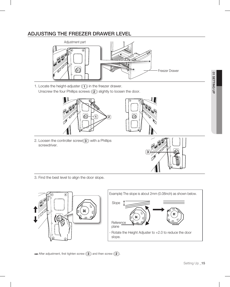 Adjusting the freezer drawer level | Samsung RF265 User Manual | Page 15 / 76