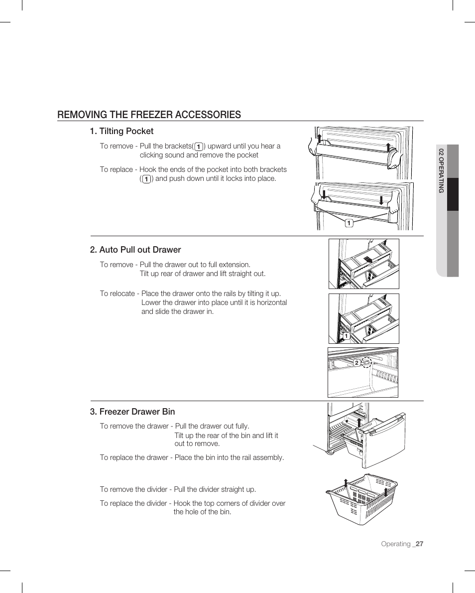 Removing the freezer accessories, Tilting pocket, Auto pull out drawer | Freezer drawer bin | Samsung RF265 User Manual | Page 27 / 76