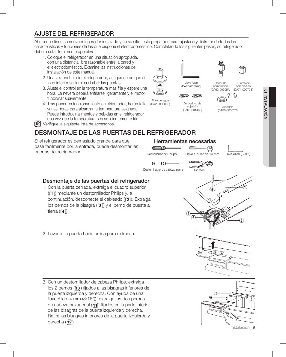 Ajuste del refrigerador, Desmontaje de las puertas del refrigerador, Herramientas necesarias | Samsung RF265 User Manual | Page 45 / 76