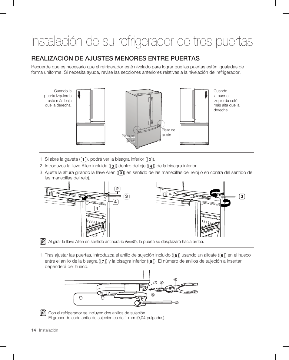 Instalación de su refrigerador de tres puertas, Realización de ajustes menores entre puertas | Samsung RF265 User Manual | Page 50 / 76
