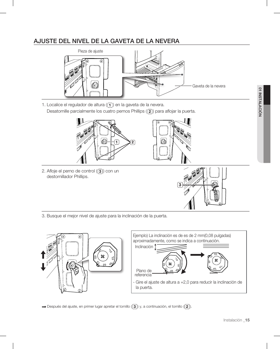 Ajuste del nivel de la gaveta de la nevera | Samsung RF265 User Manual | Page 51 / 76