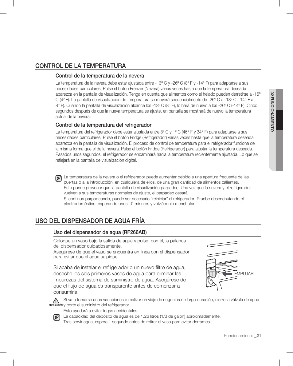 Uso del dispensador de agua (rf266ab), Control de la temperatura de la nevera, Control de la temperatura del refrigerador | Samsung RF265 User Manual | Page 57 / 76