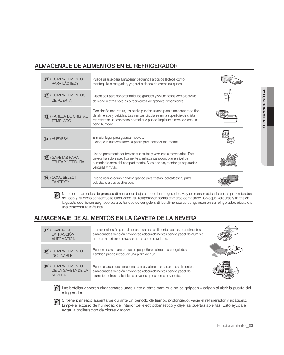 Almacenaje de alimentos en el refrigerador, Almacenaje de alimentos en la gaveta de la nevera | Samsung RF265 User Manual | Page 59 / 76