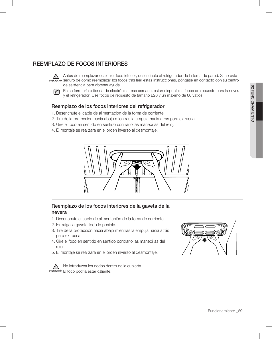 Reemplazo de focos interiores, Reemplazo de los focos interiores del refrigerador | Samsung RF265 User Manual | Page 65 / 76