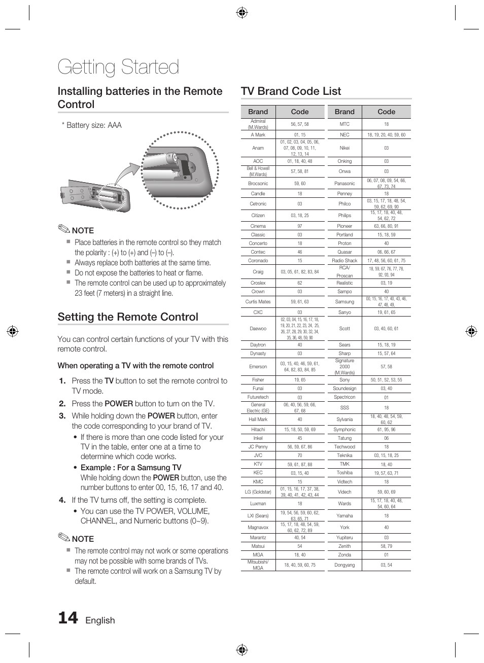 Getting started, Installing batteries in the remote control, Setting the remote control | Tv brand code list, English, Battery size: aaa | Samsung AH68-02333R User Manual | Page 14 / 50