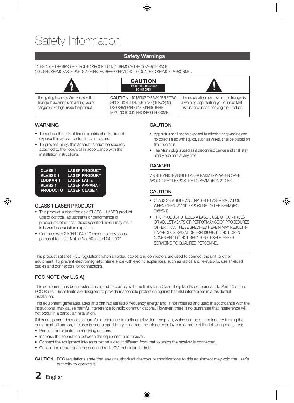 Safety information, Safety warnings | Samsung AH68-02333R User Manual | Page 2 / 50